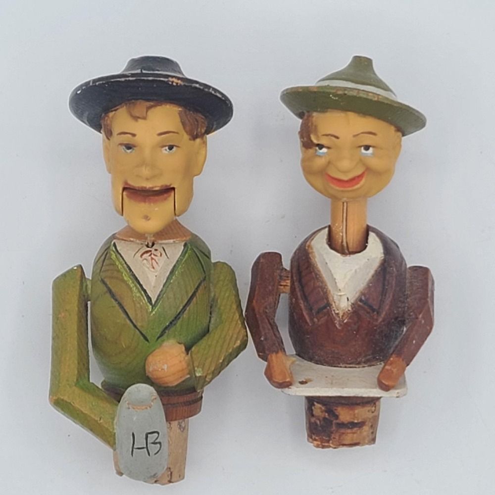 Vtg Wood Carved Hand Painted Mechanical Cork Bottle Stopper Lot Of 2 READ